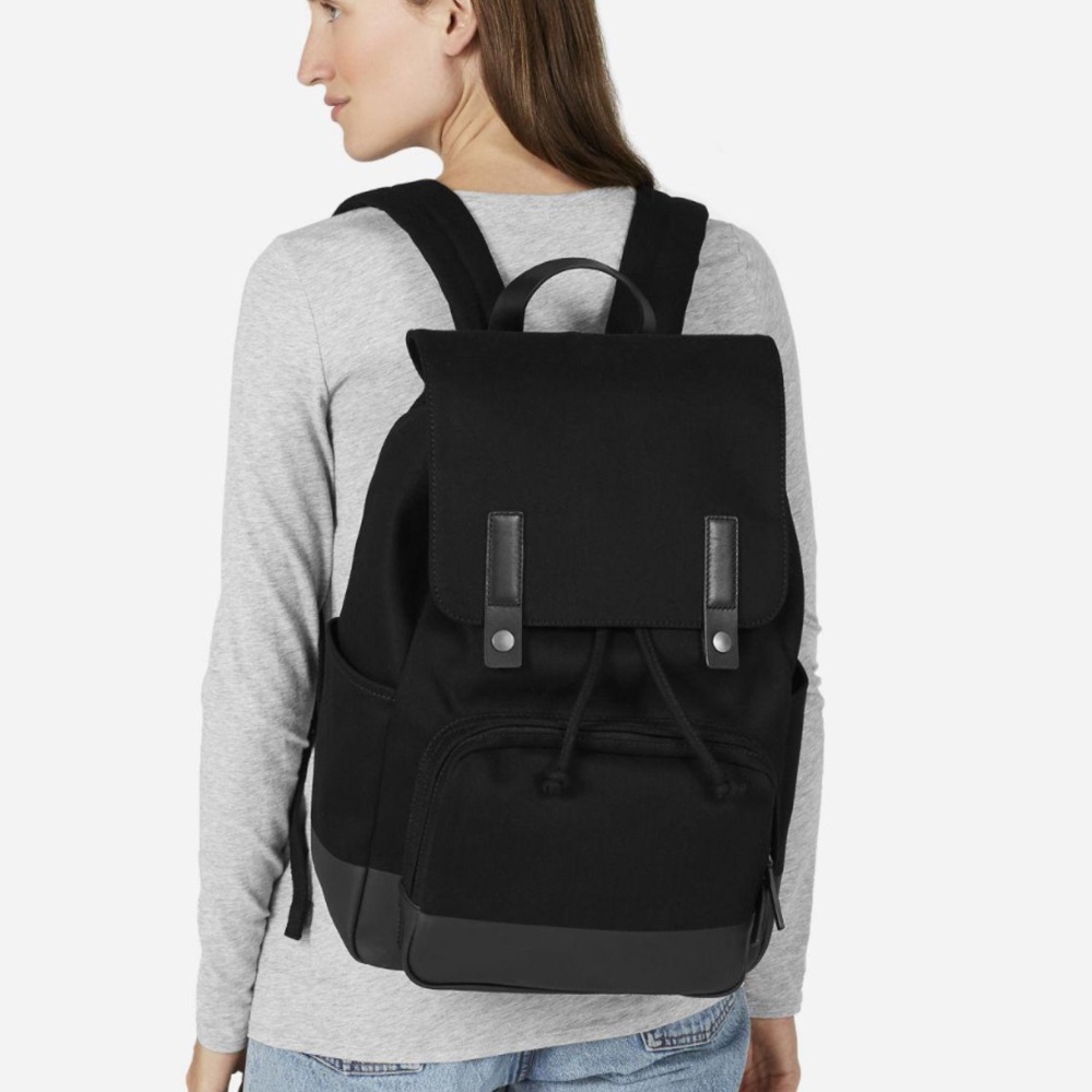 Everlane Modern Snap black cinch closure padded interior cotton blend backpack